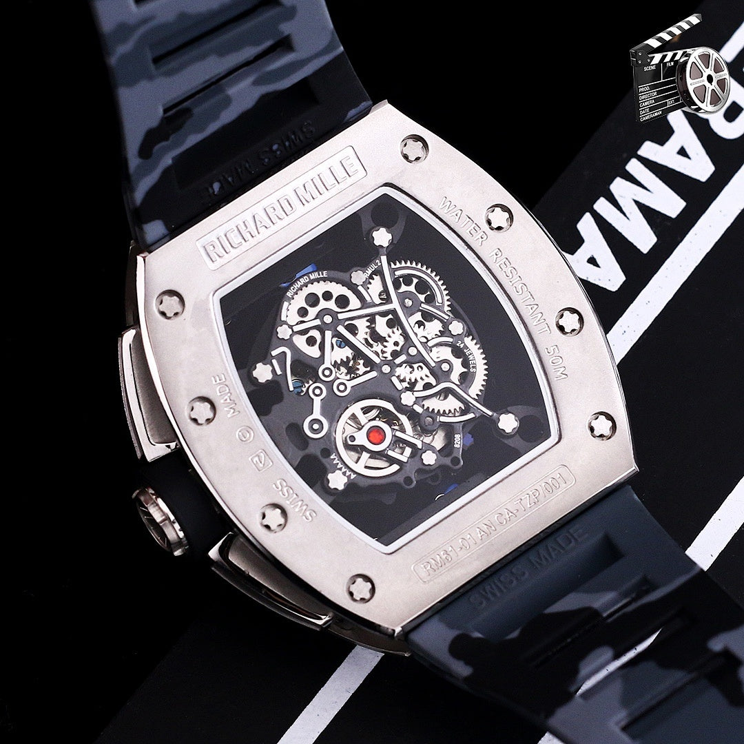 Richard Mille watch with camo blue strap and skeleton dial in silver-tone case