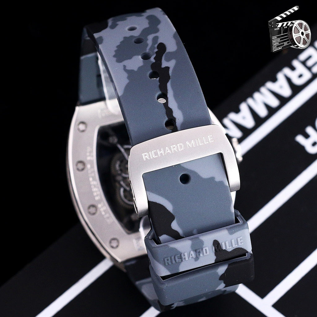 Richard Mille watch with camo blue rubber strap and silver clasp