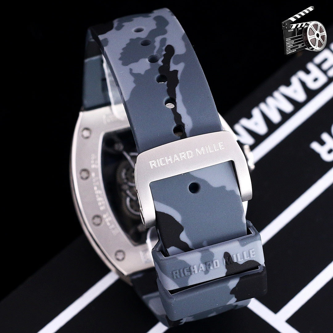 Richard Mille watch with camo blue rubber strap and silver clasp