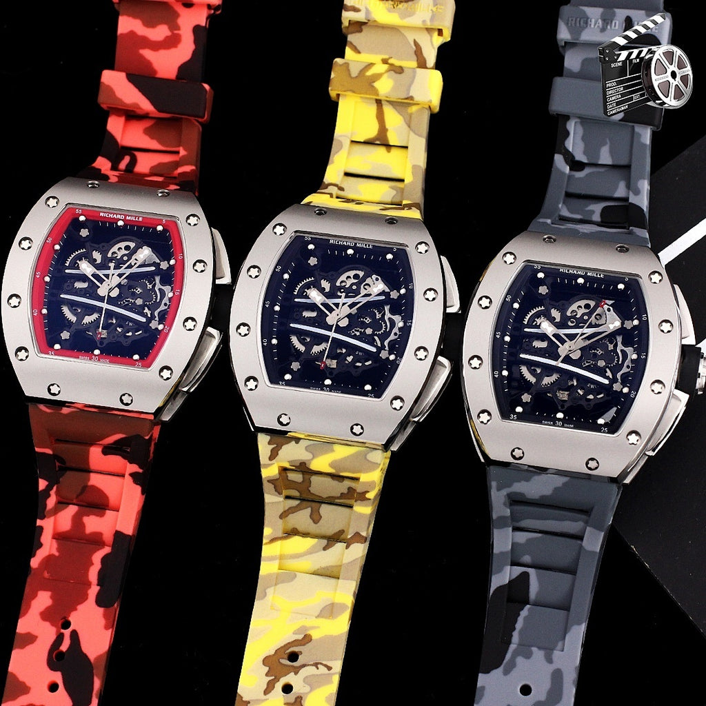 Set of three Richard Mille watches with camo red, yellow, and blue straps and skeleton dials