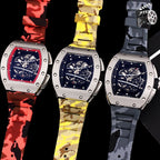 Set of three Richard Mille watches with camo red, yellow, and blue straps and skeleton dials