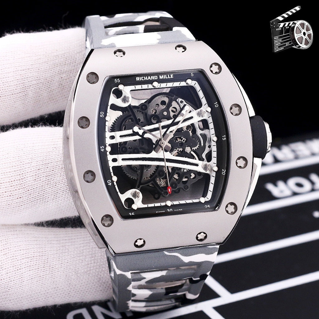 Richard Mille watch with camo red strap and skeleton dial in silver-tone case