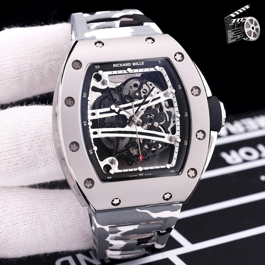 Richard Mille watch with camo red strap and skeleton dial in silver-tone case