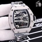 Richard Mille watch with camo gray strap and skeleton dial in silver-tone case