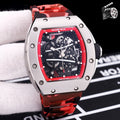 Richard Mille watch with camo red strap and skeleton dial in silver-tone case