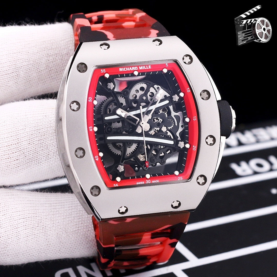 Richard Mille watch with camo red strap and skeleton dial in silver-tone case