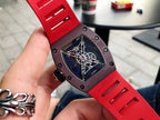 Richard Mille watch back view with red rubber strap and skeleton-style dial