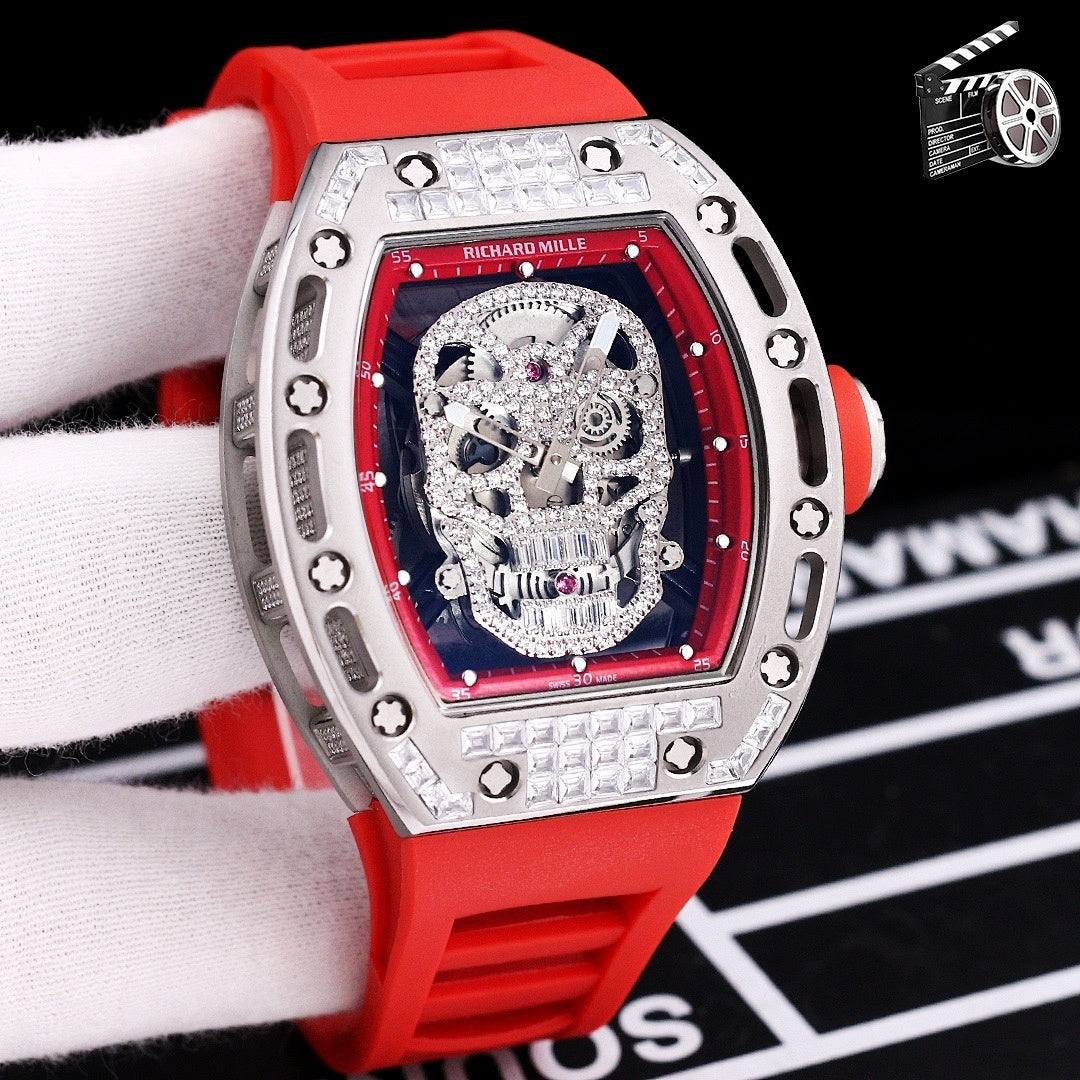 Richard Mille watch with red silicone strap, rose gold case, jeweled skeleton skull dial