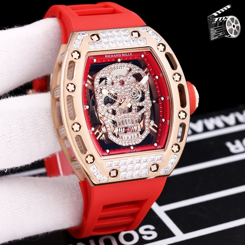 Richard Mille watch with red silicone strap, rose gold case, diamond bezel skeleton skull dial