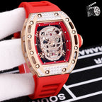 Richard Mille watch with red silicone strap, rose gold case, diamond bezel skeleton skull dial