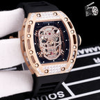 Richard Mille watch with black silicone strap, rose gold case, jeweled skeleton skull dial