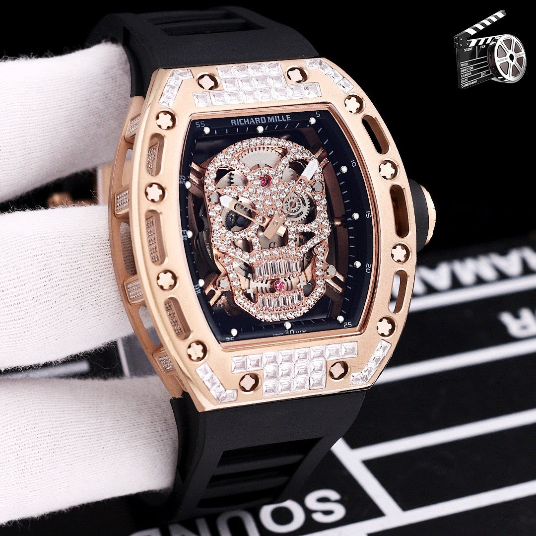 Richard Mille watch with black silicone strap, rose gold case, jeweled skeleton skull dial