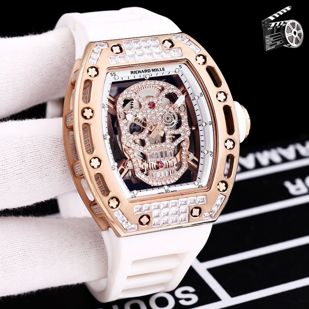 Richard Mille watch with white silicone strap, rose gold case, jeweled skeleton skull dial