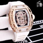 Richard Mille watch with white silicone strap, rose gold case, jeweled skeleton skull dial