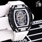 Richard Mille watch with white silicone strap, black case, deep blue jeweled skeleton skull dial