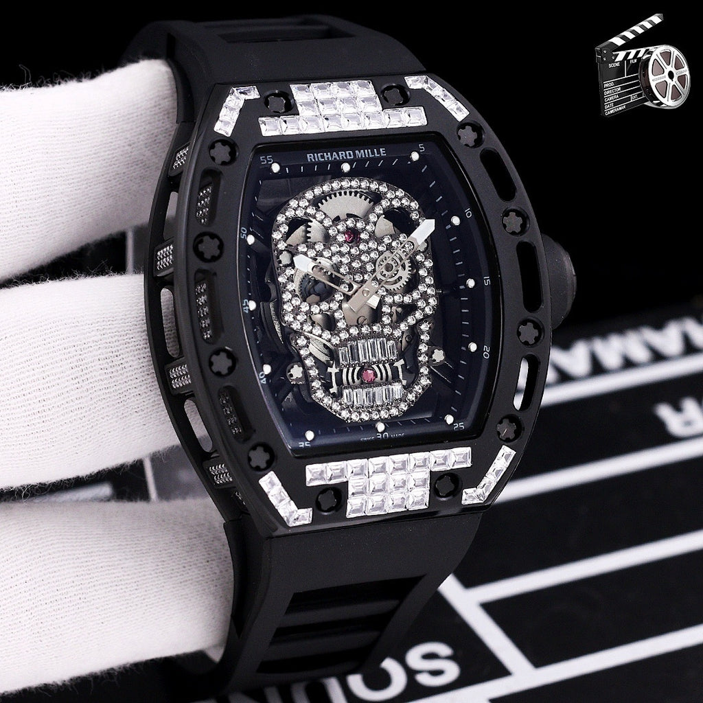 Richard Mille watch with white silicone strap, black case, dark blue jeweled skeleton skull dial