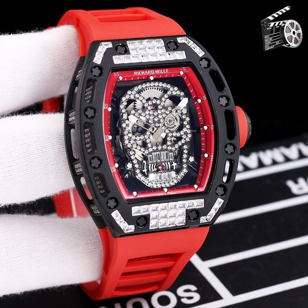 Richard Mille watch with red silicone strap, black case, jeweled skeleton skull dial