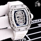 Richard Mille watch with white silicone strap, silver-toned case, jeweled skeleton skull dial