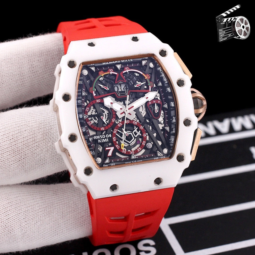 Richard Mille watch, white case with red silicone strap, blue dial with red highlights
