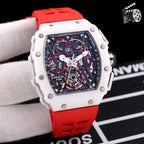Richard Mille watch, white case and red strap, blue multi-dial display under bezel