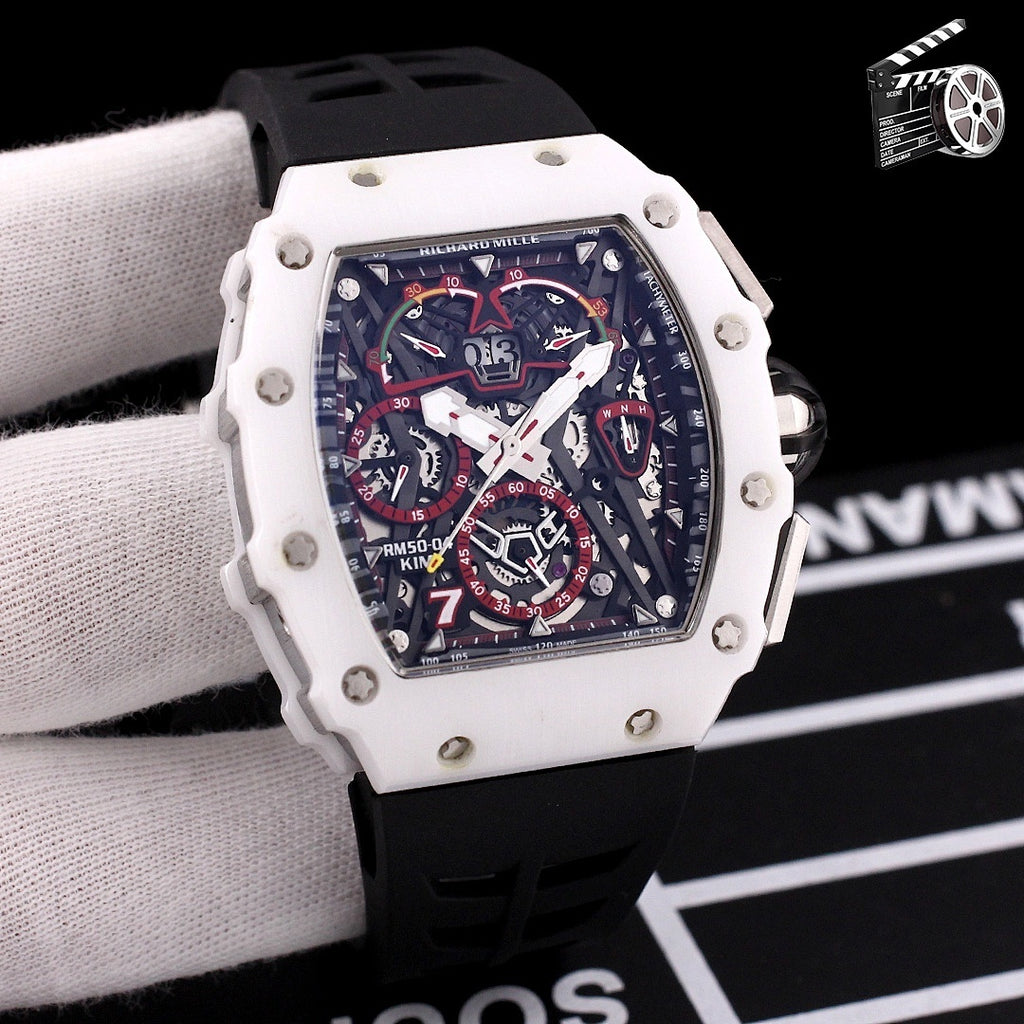 Richard Mille watch, white case with black silicone strap, blue skeleton dial with red details