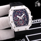 Richard Mille watch, white case with black silicone strap, blue skeleton dial with red details