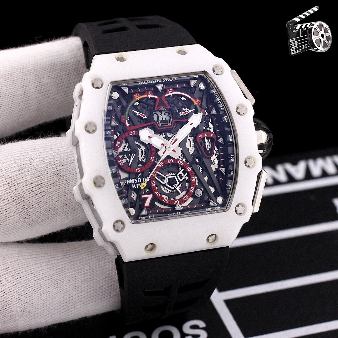 Richard Mille watch, white case with black silicone strap, blue skeleton dial with red details