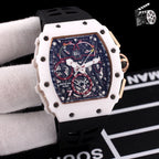 Richard Mille watch, white case and black strap, blue dial with gold-toned accents