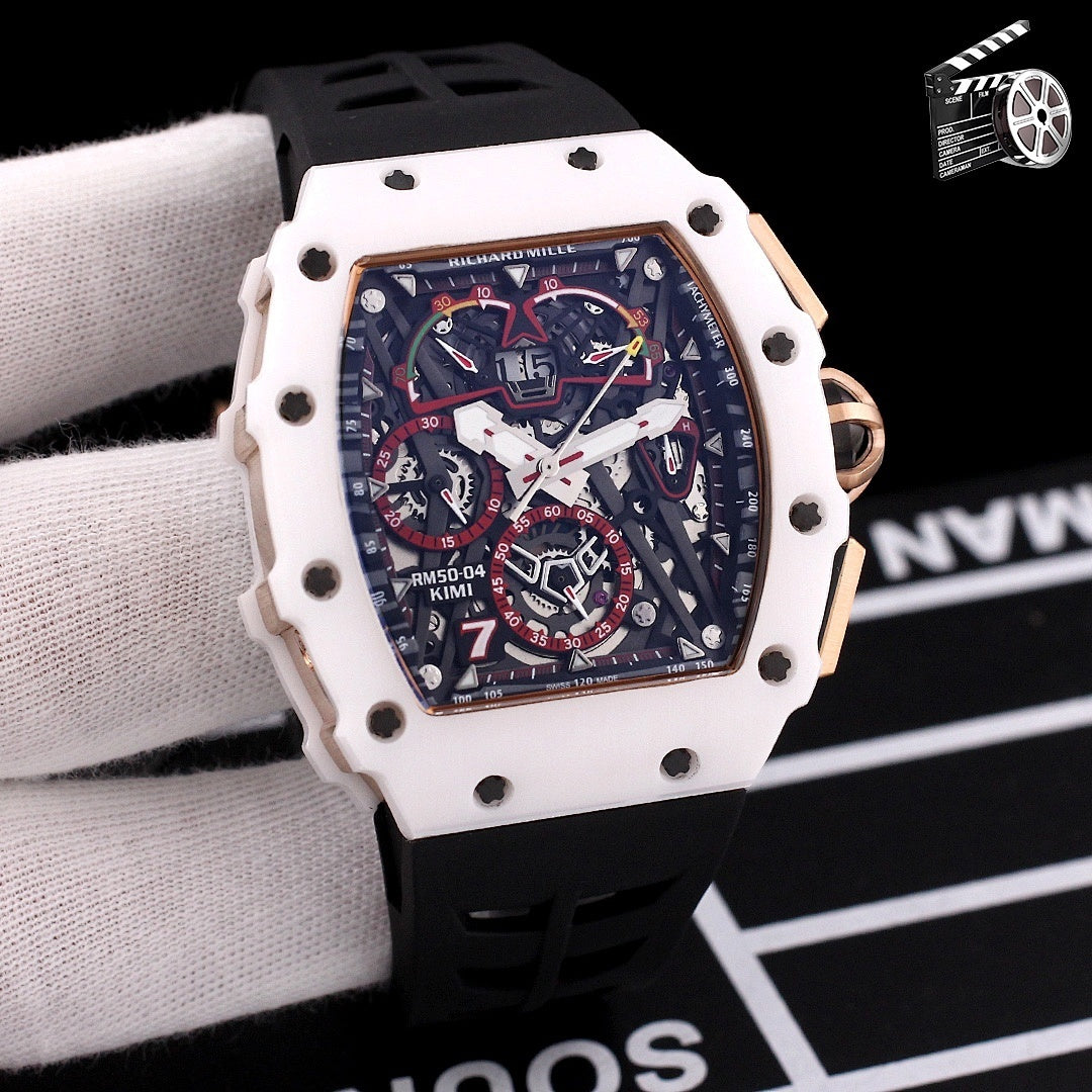 Richard Mille watch, white case and black strap, blue dial with gold-toned accents