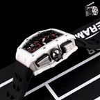 Richard Mille watch, white case with black silicone strap, side profile with crown