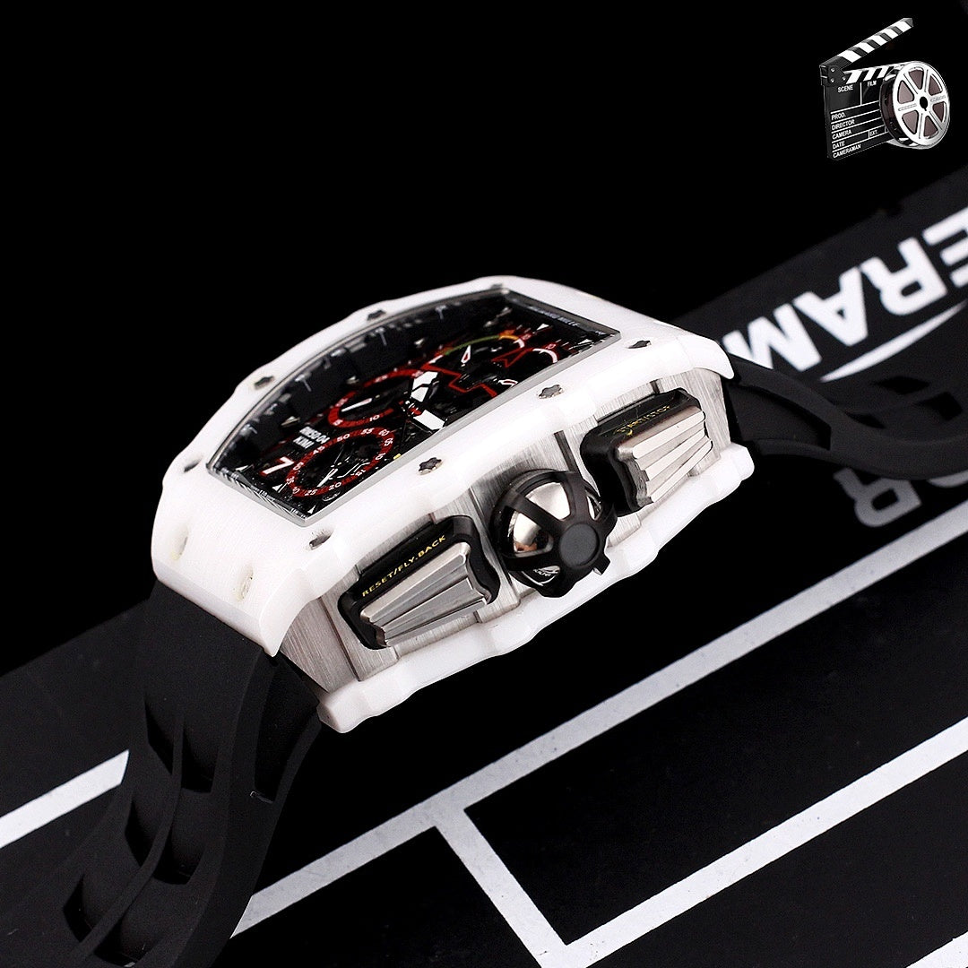 Richard Mille watch, white case with black silicone strap, side profile with crown