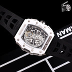 Richard Mille watch caseback, exposed movement on white frame with black silicone strap