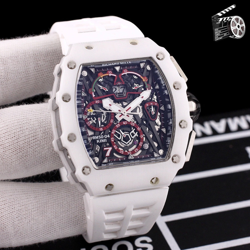 Richard Mille watch, white case and strap, blue skeleton-style dial with red accents