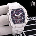Richard Mille watch, white case and strap, blue skeleton-style dial with red accents