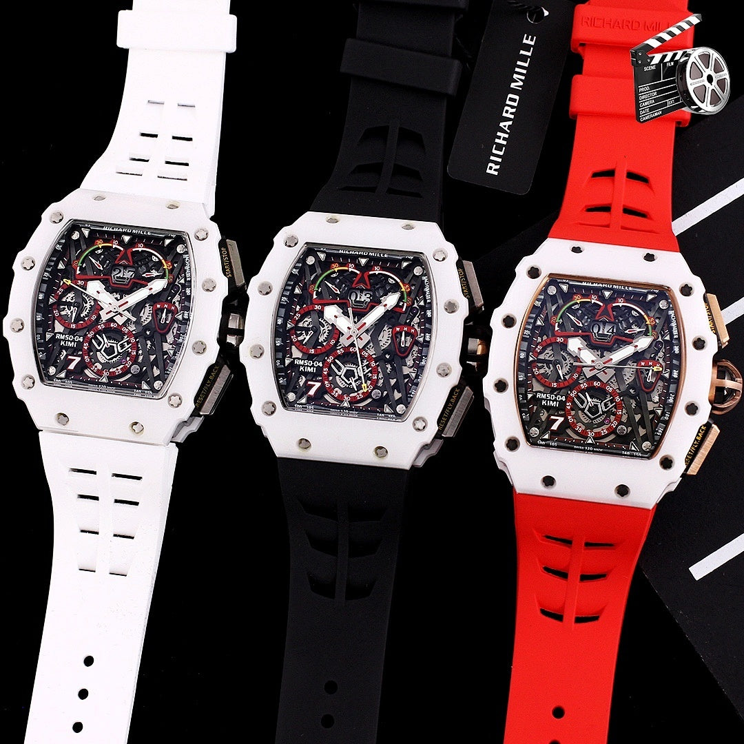 Richard Mille watch set, white, black, and red silicone straps, blue skeleton dials