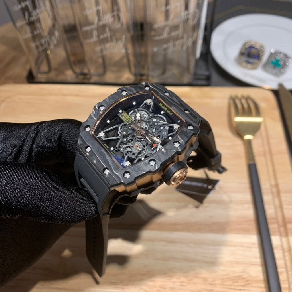 Octagonal skeleton watch with black strap and blue open dial, detailed exposed gears