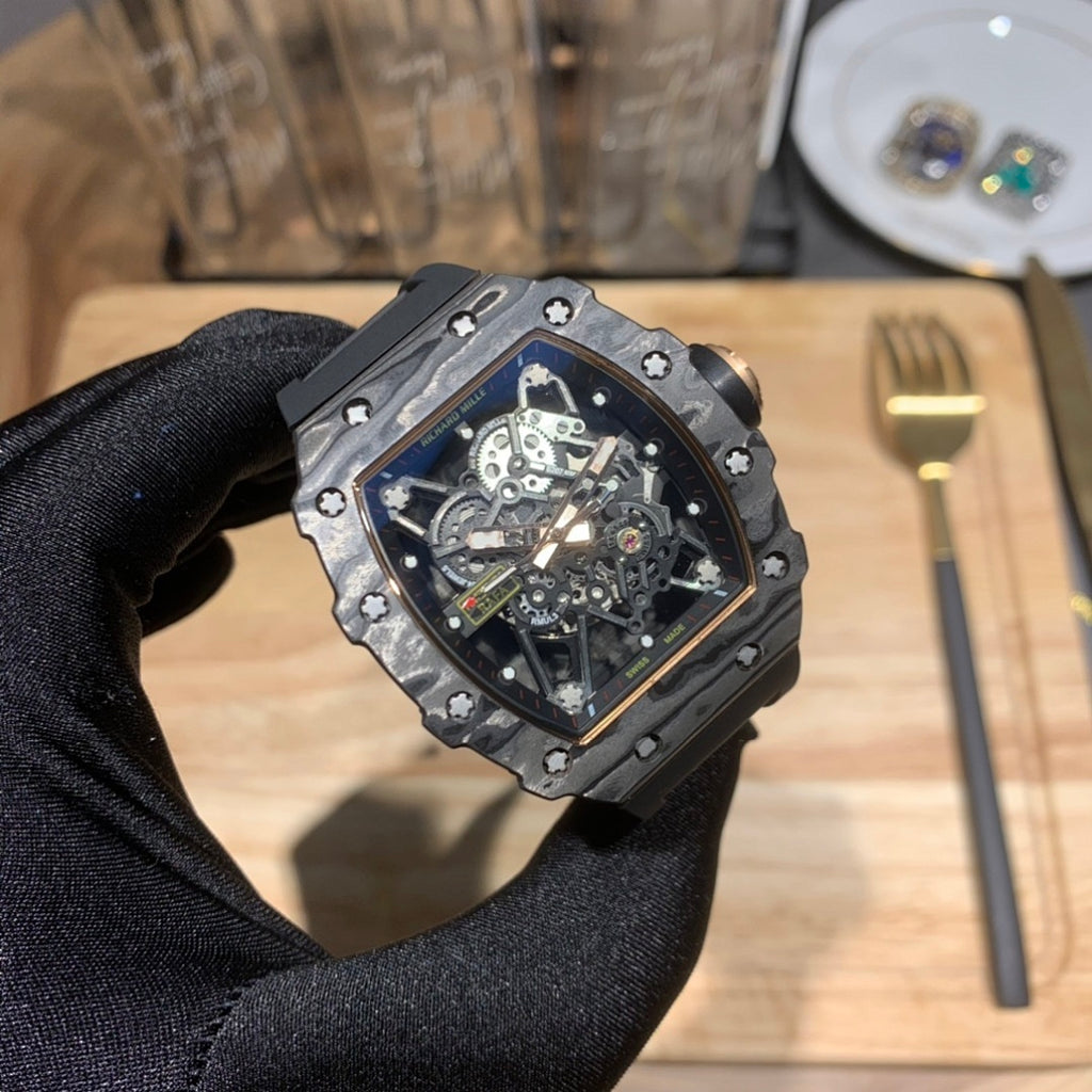 Octagonal skeleton watch with black case and blue open dial, exposed movement gears