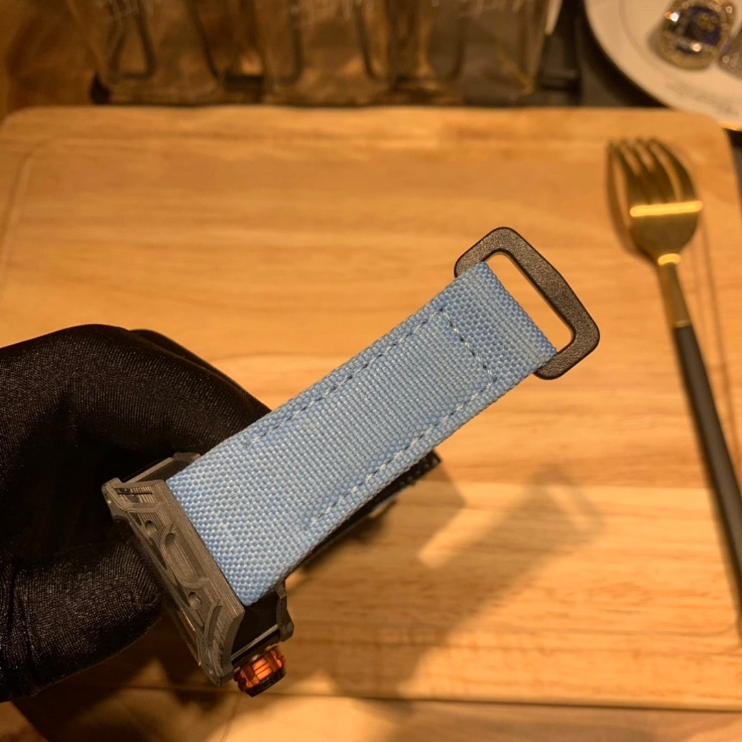 Richard Mille watch strap in light blue fabric with buckle detail