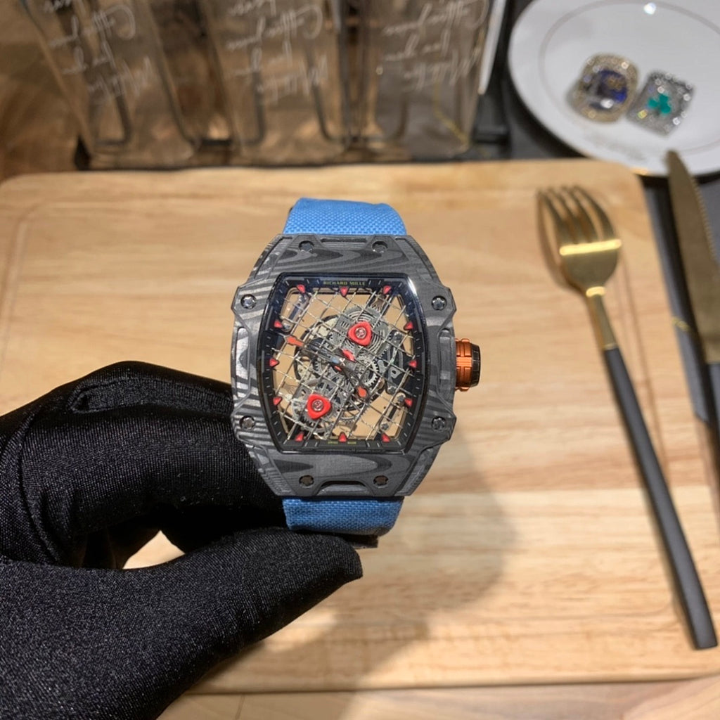 Richard Mille watch with blue fabric strap and open-work skeleton dial