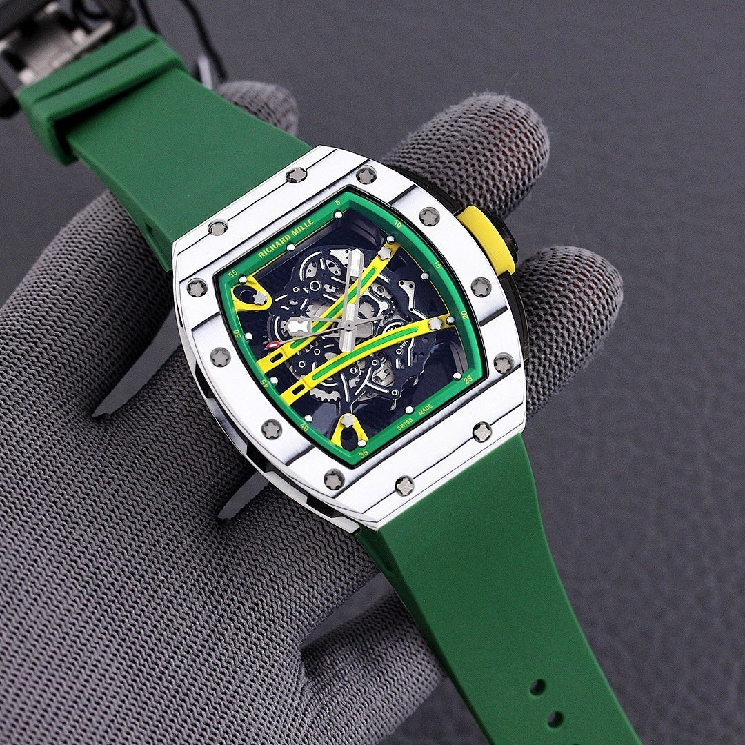 Sport watch with green rubber strap and green skeleton dial, silver multi-panel case
