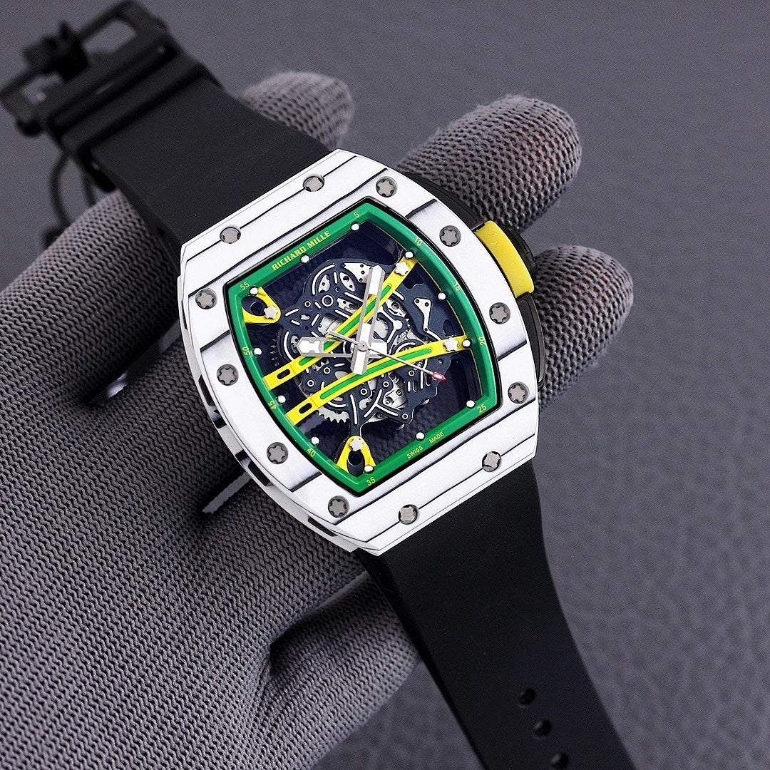 Sport watch with black rubber strap and green skeleton dial, silver multi-panel case