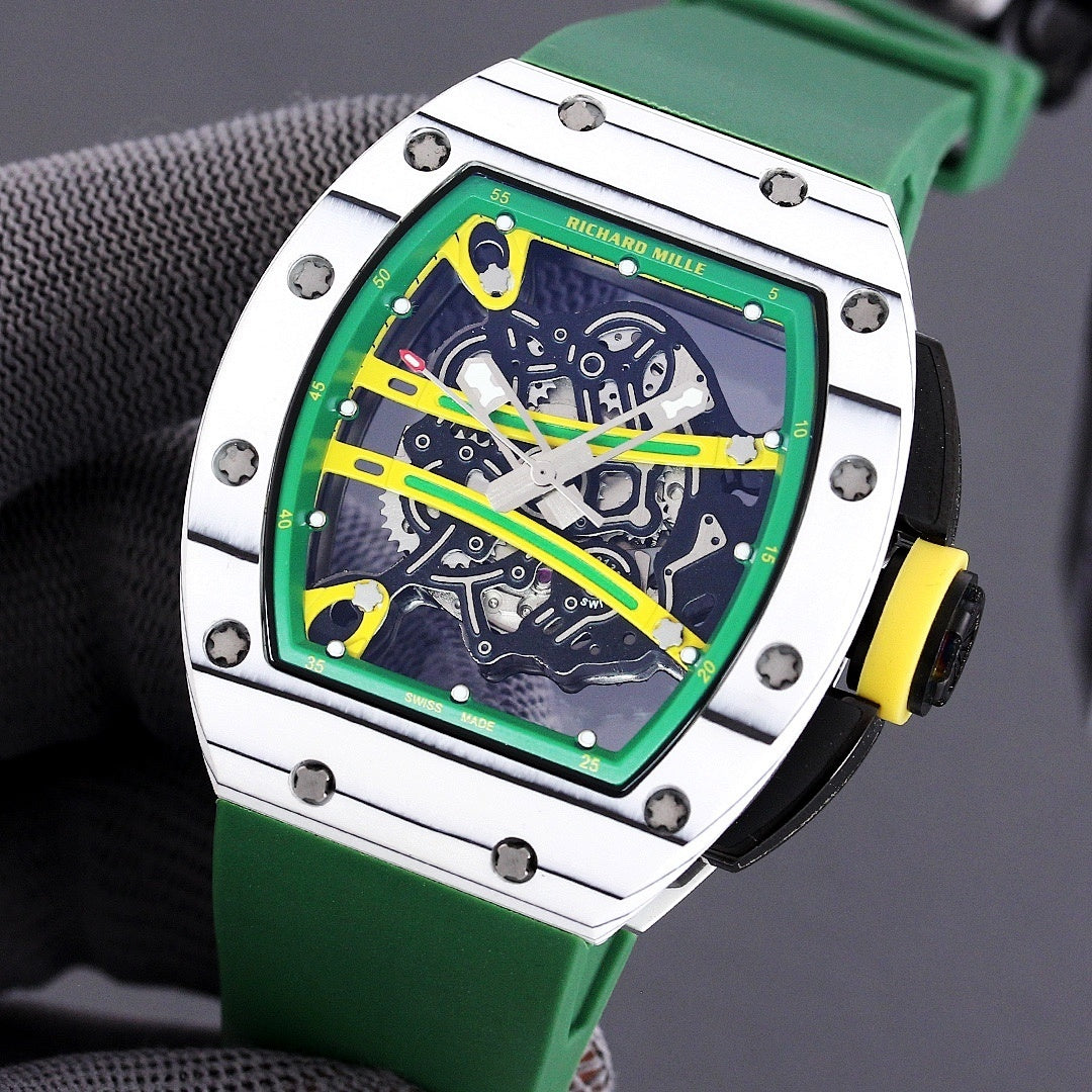 Square sport watch with green skeleton dial and green strap, yellow side detail