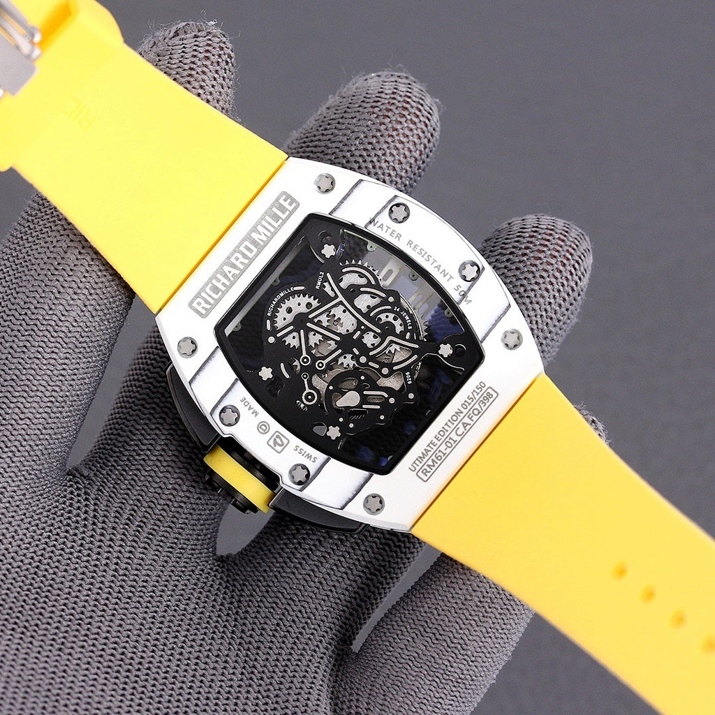 Sport watch with yellow rubber strap and black dial view, silver bezel with screws