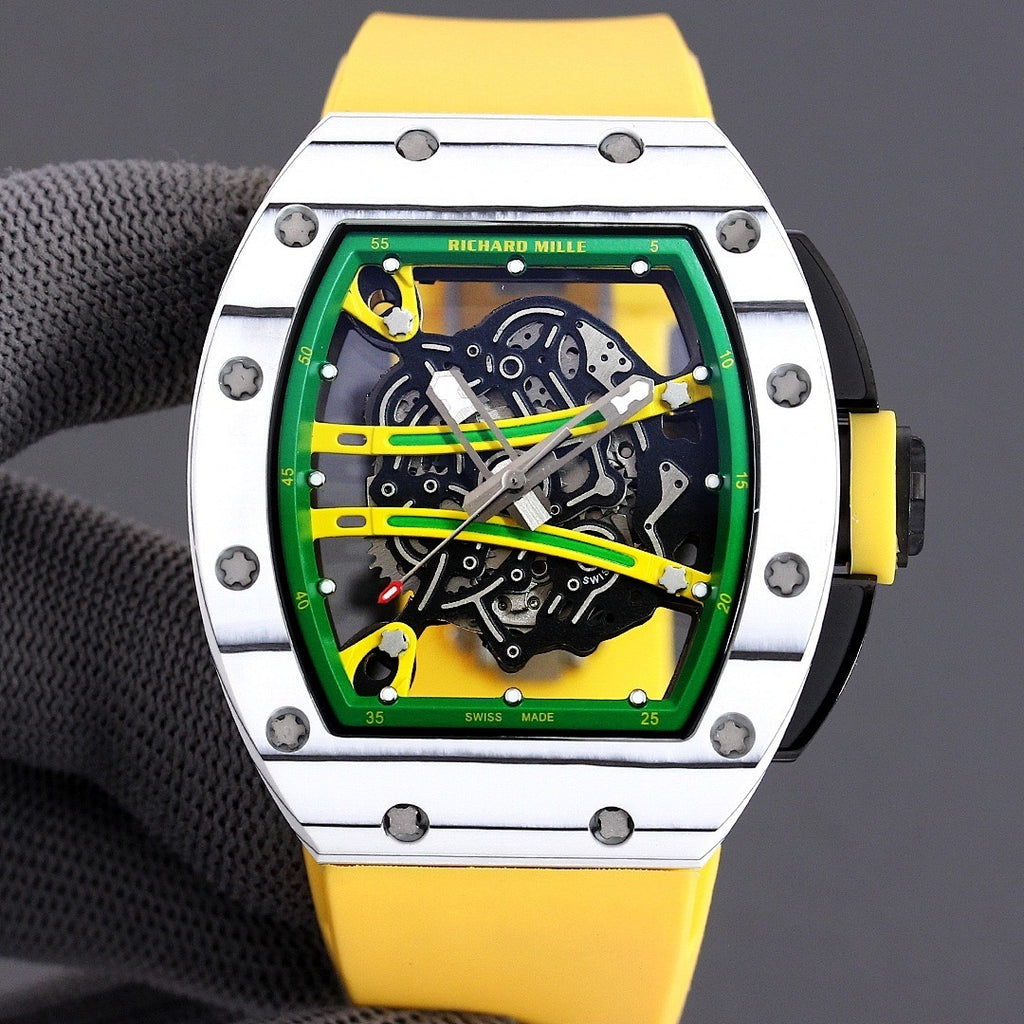Sport watch with green skeleton dial and yellow rubber strap, silver multi-panel case