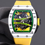 Sport watch with green skeleton dial and yellow rubber strap, silver multi-panel case