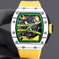 Rectangular sport watch with green skeleton dial and yellow rubber strap, silver bezel
