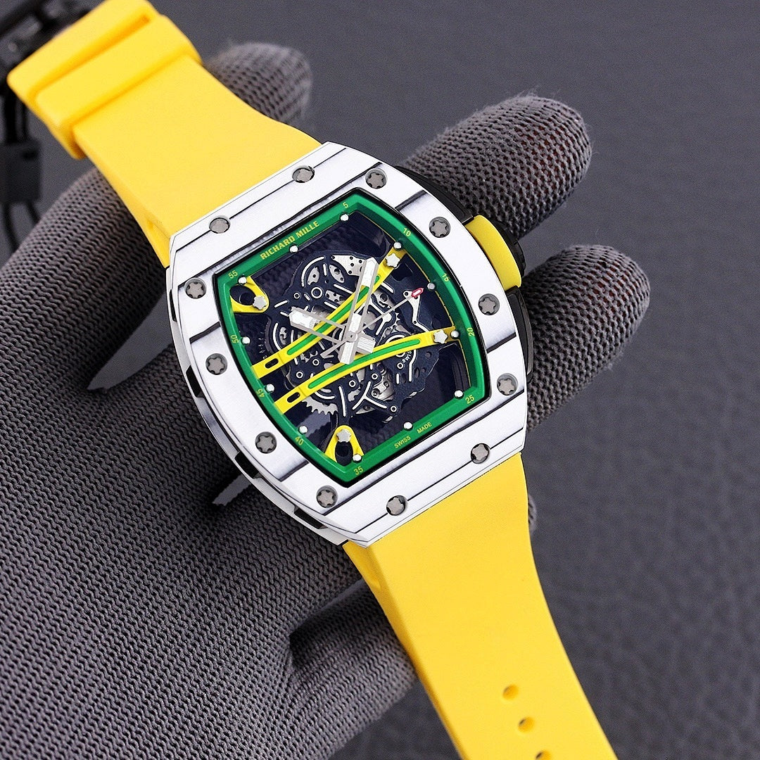 Sport watch with yellow rubber strap and green skeleton dial, silver case and bezel