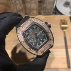 Richard Mille watch close-up: jeweled bezel framing a dark skeleton dial