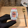 Richard Mille wristwatch: silver case, pink strap, colorful dial artwork in square bezel