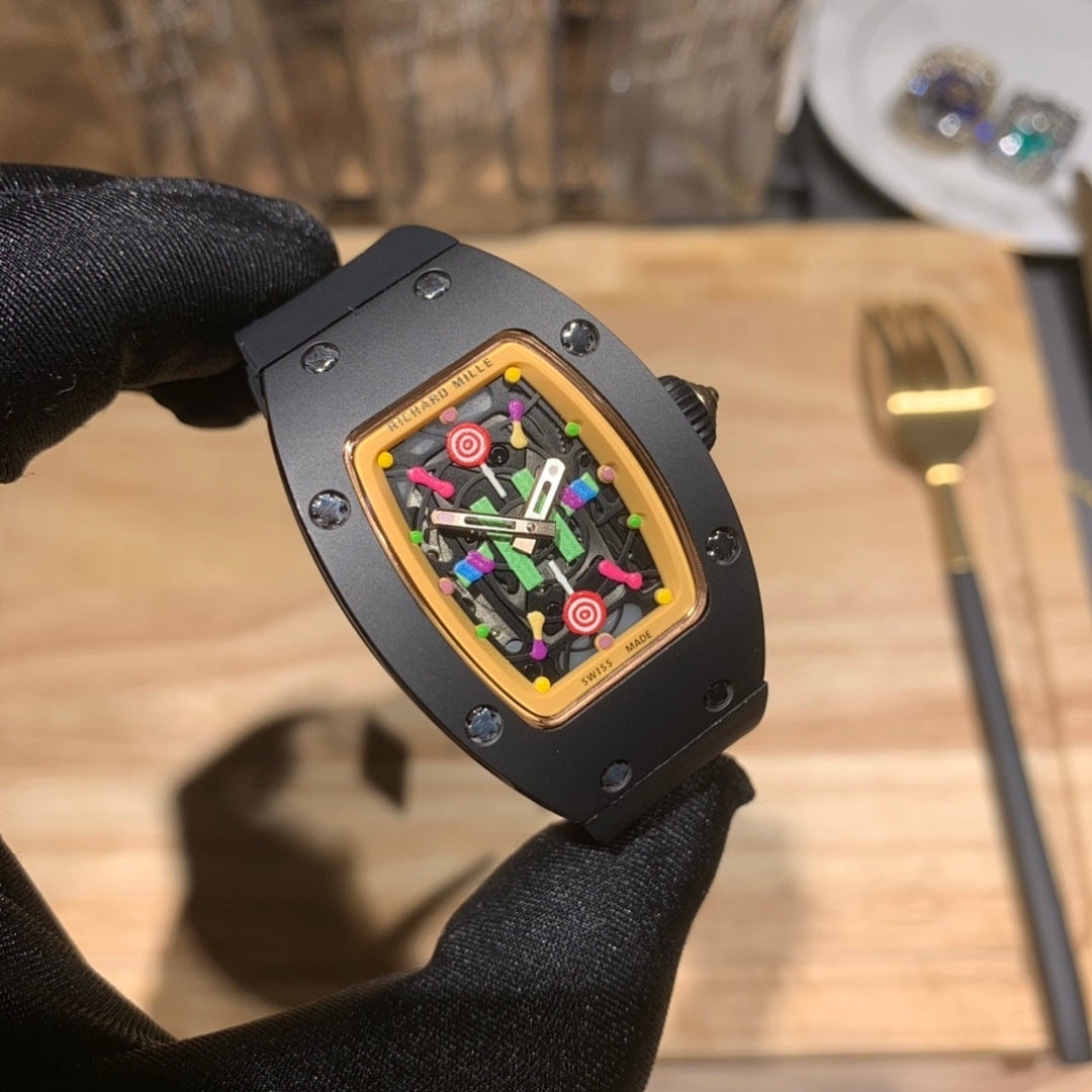 Black Richard Mille watch close-up of multicolor skeleton dial and bezel